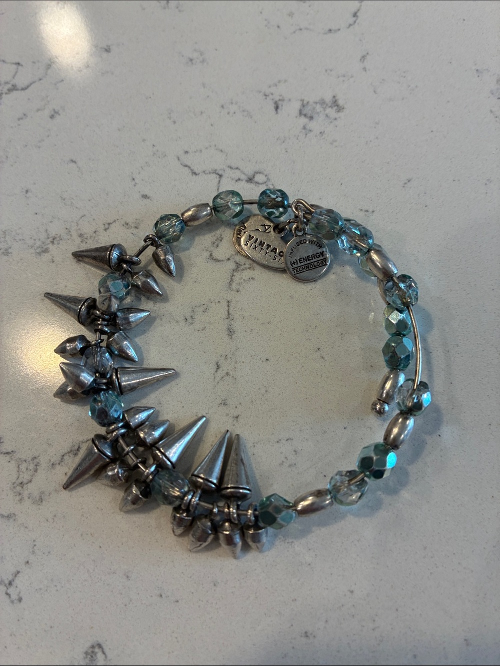 Alex and Ani Teal Faceted Bead Bracelet with Silver Spikes - Picture 3 of 4
